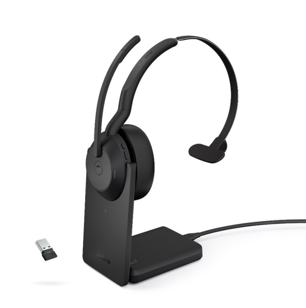 Jabra Evolve2 55 Stand Link380a MS Mono Bluetooth ANC Headset inkl. Ladestation & Link380a USB-A Blu
