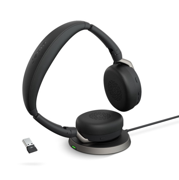 Jabra Evolve2 65 Flex Stand Link380a UC Stereo "Fold" Bluetooth ANC Headset inkl. Wireless Ladepad &