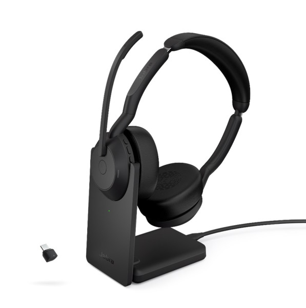 Jabra Evolve2 55 Stand Link380c UC Stereo Bluetooth ANC Headset inkl. Ladestation & Link380c USB-C B